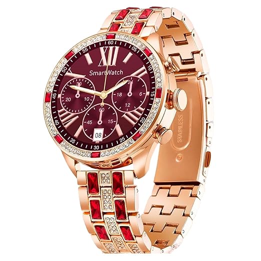 Smartwatch Lujo Rose: Cristales Brillantes + Detalles Rojos – Elegancia Premium en tu Muñeca