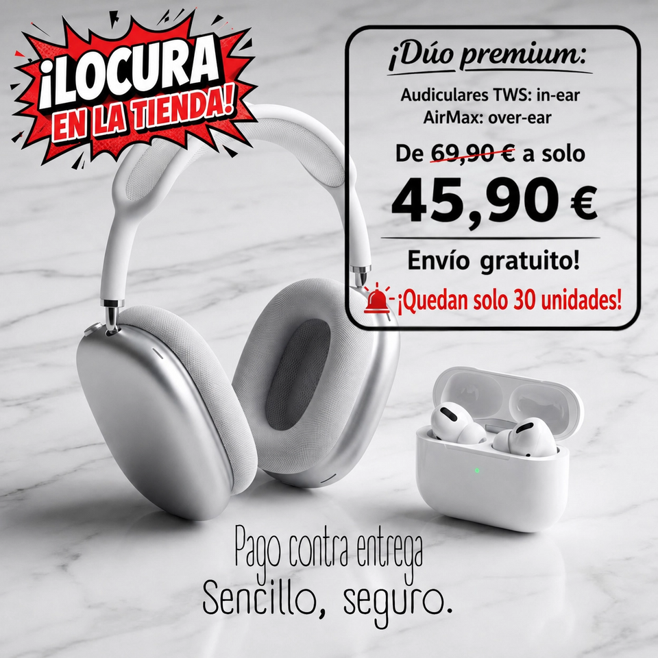 Pack Dual de Audio: AirMax Over-ear + Auriculares TWS In-ear – Calidad y Estilo en un Solo Combo