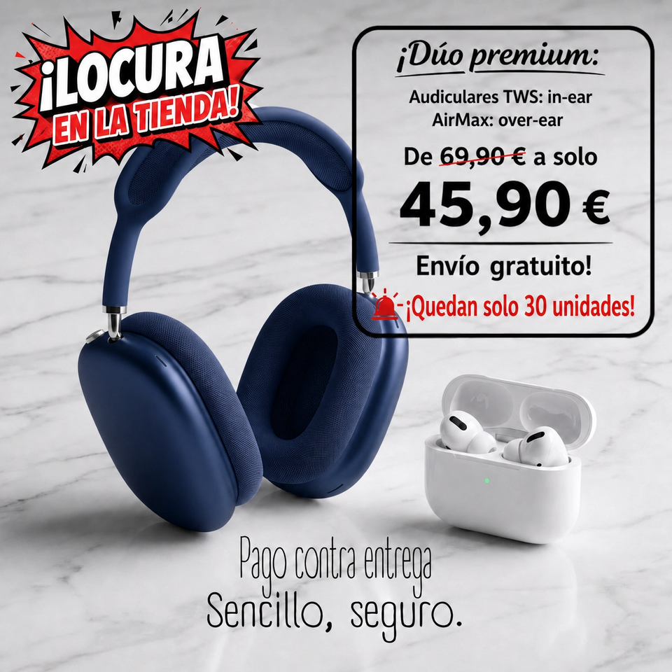 Pack Dual de Audio: AirMax Over-ear + Auriculares TWS In-ear – Calidad y Estilo en un Solo Combo