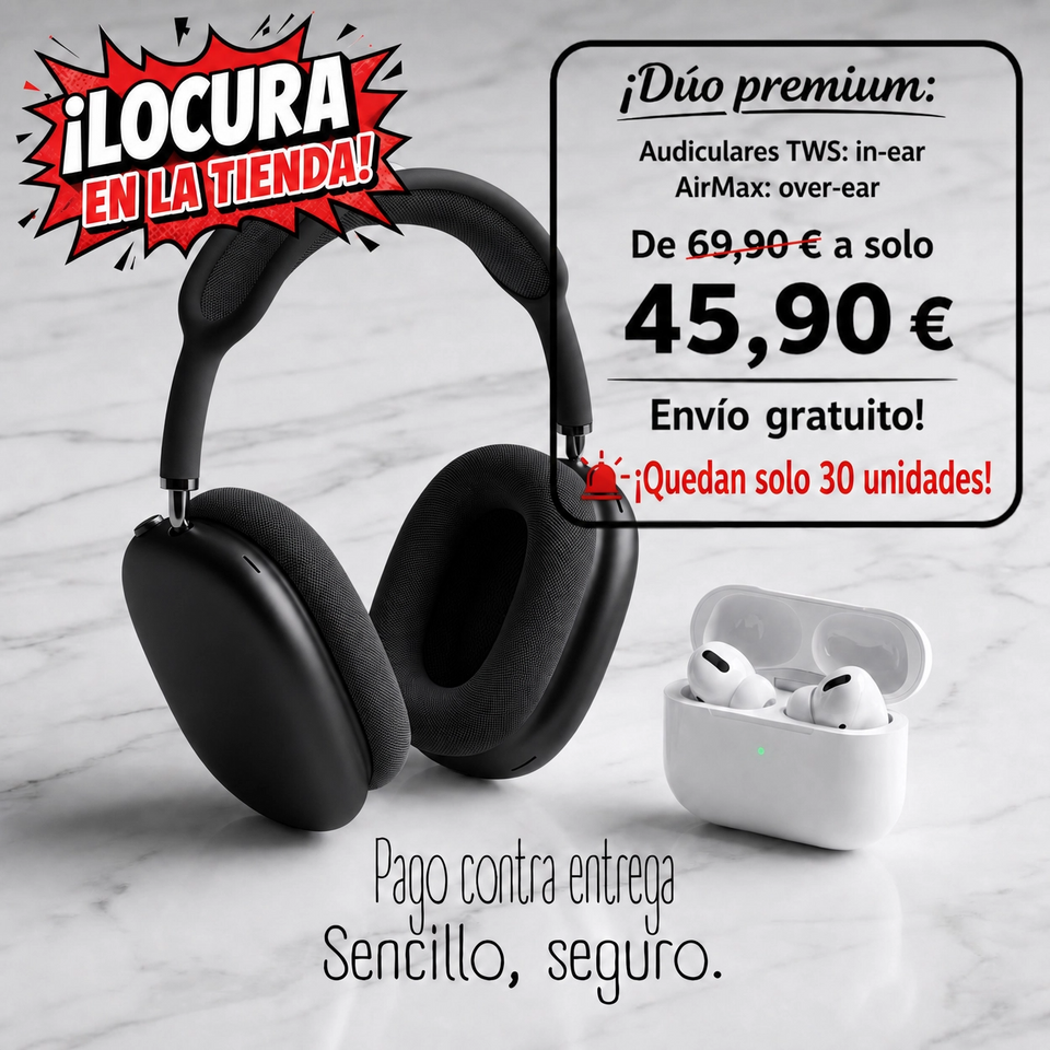 Pack Dual de Audio: AirMax Over-ear + Auriculares TWS In-ear – Calidad y Estilo en un Solo Combo