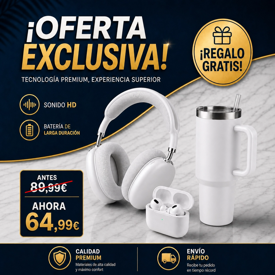 Combo Premium: Auriculares Blanco + AirMax – Botella Térmica 1200ml GRATIS