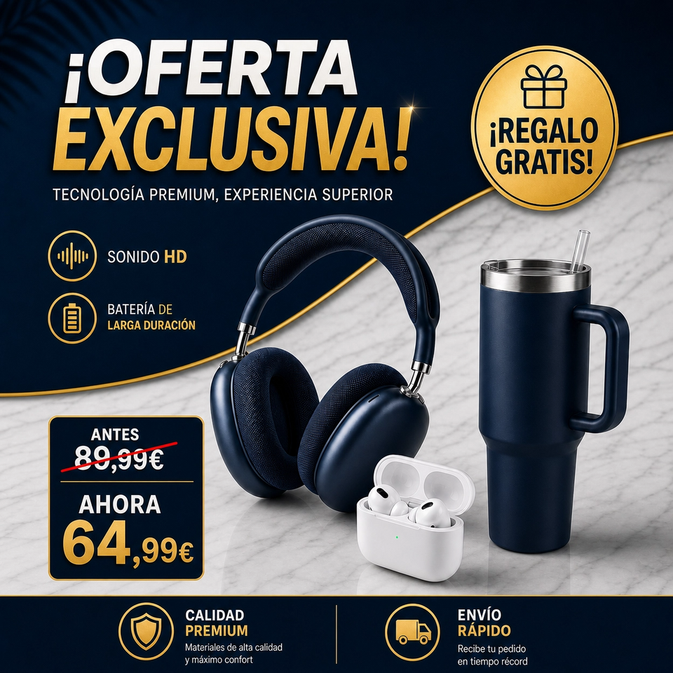 Combo Premium: Auriculares Blanco + AirMax – Botella Térmica 1200ml GRATIS