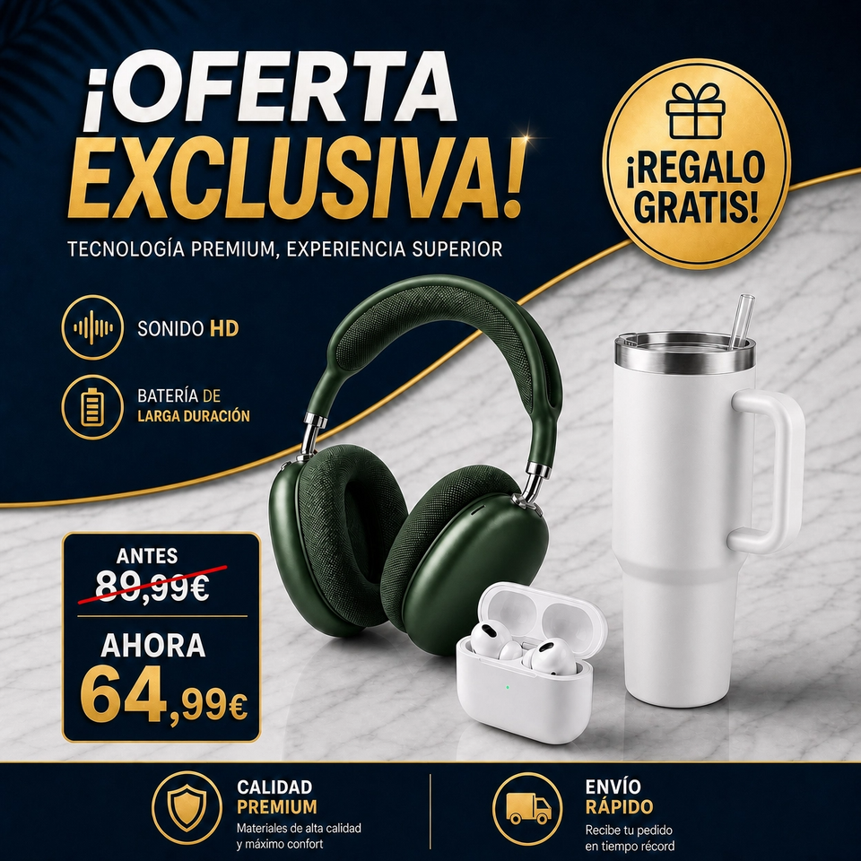 Combo Premium: Auriculares Blanco + AirMax – Botella Térmica 1200ml GRATIS