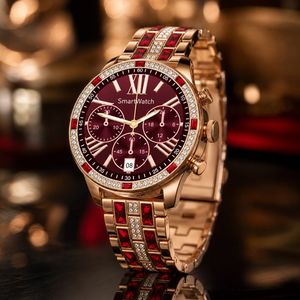 Smartwatch Lujo Rose: Cristales Brillantes + Detalles Rojos – Elegancia Premium en tu Muñeca