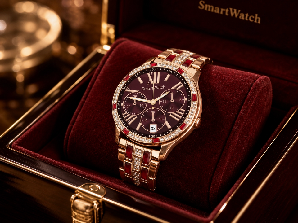 Smartwatch Lujo Rose: Cristales Brillantes + Detalles Rojos – Elegancia Premium en tu Muñeca