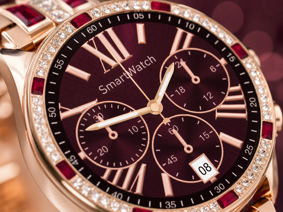 Smartwatch Lujo Rose: Cristales Brillantes + Detalles Rojos – Elegancia Premium en tu Muñeca